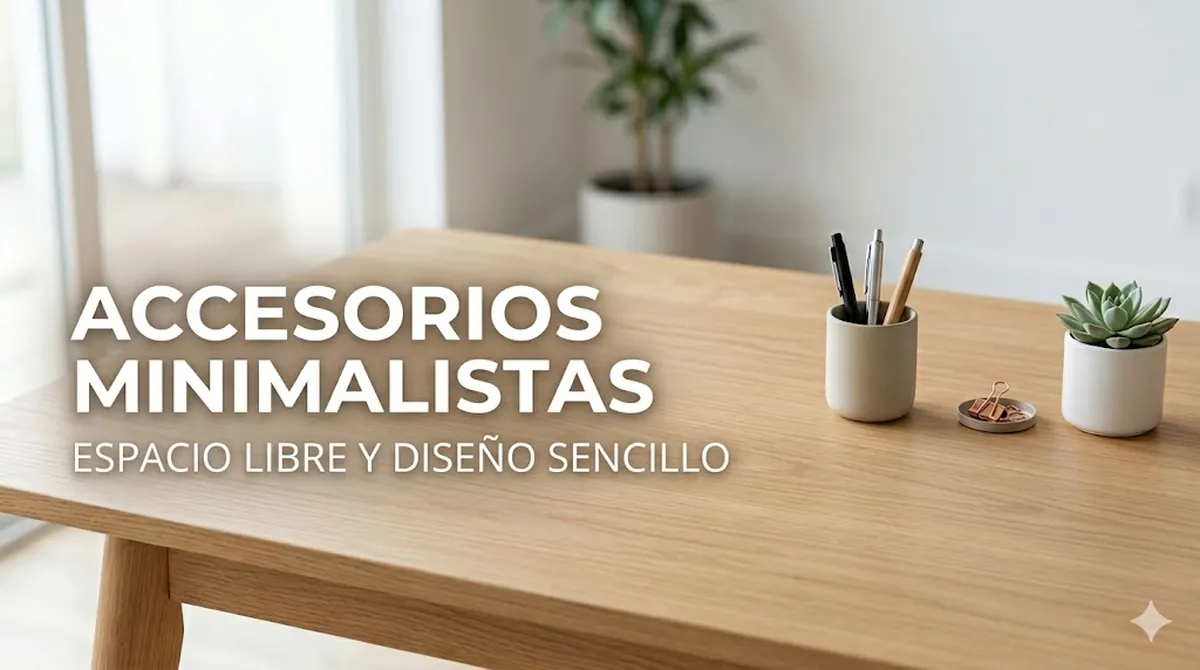 Accesorios decorativos minimalistas para escritorio colocados con espacio libre sobre una mesa limpia