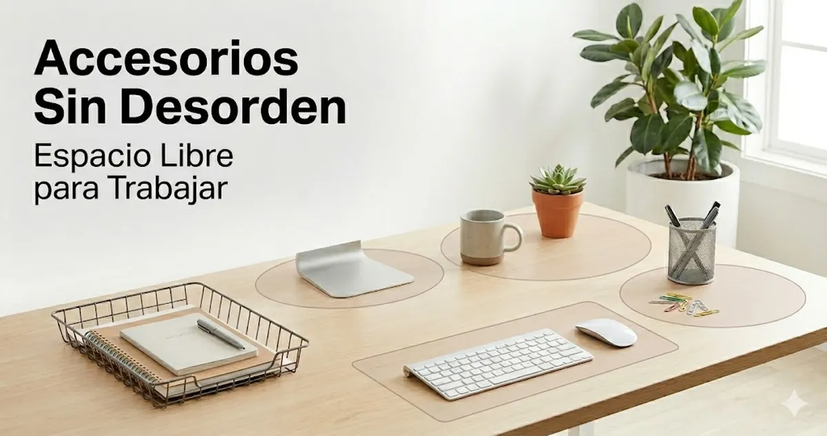 Accesorios decorativos para escritorio sin desorden colocados con suficiente espacio libre de trabajo