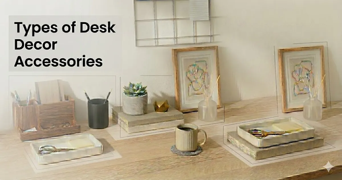 Diferentes tipos de accesorios decorativos para escritorio agrupados por función y estilo