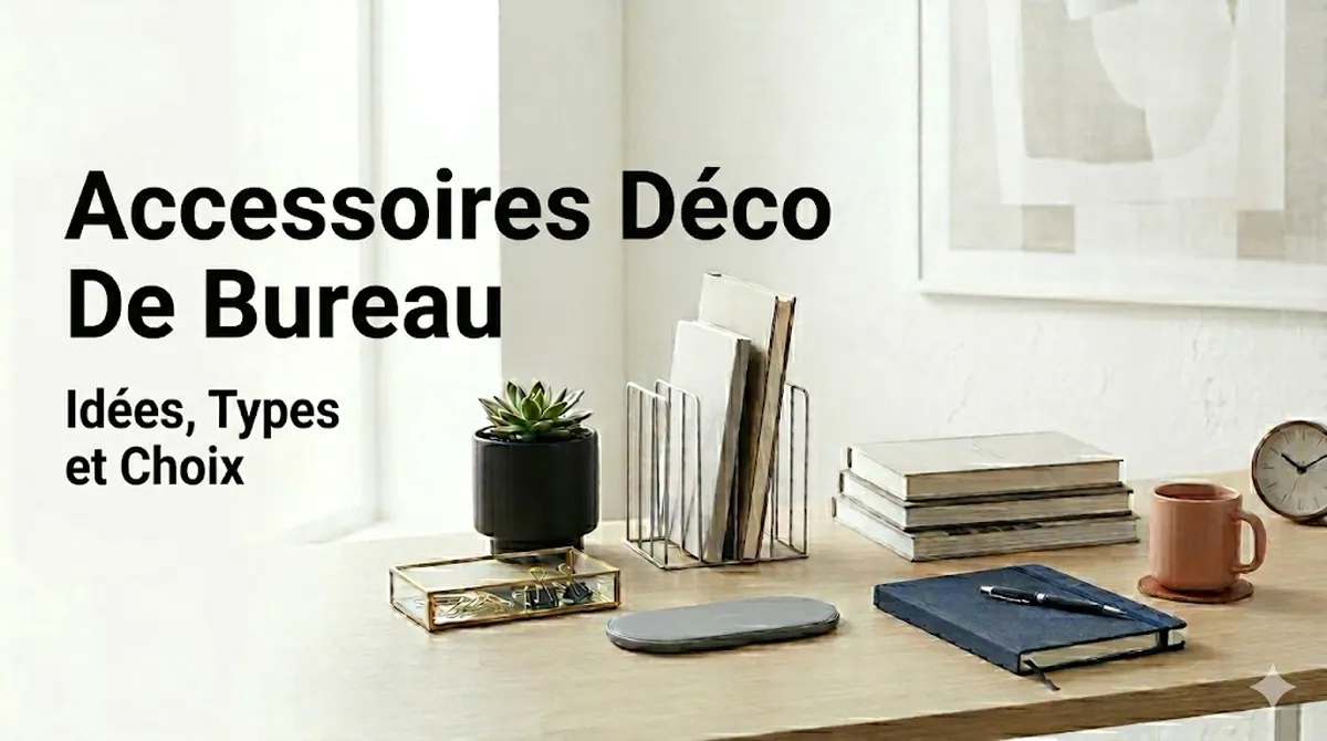 Bureau stylisé avec différents accessoires déco disposés proprement