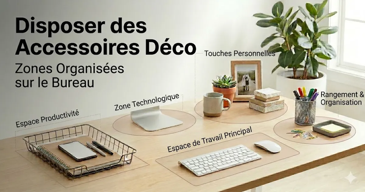 Accessoires déco de bureau disposés en zones organisées sur une surface de travail
