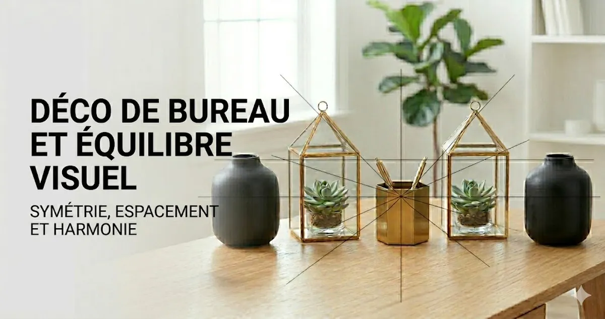 Accessoires déco de bureau équilibrés avec symétrie, espacement et harmonie des couleurs