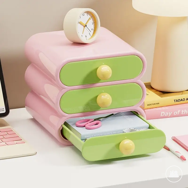 Organiseur de bureau à trois niveaux avec boîtes de rangement à tiroir