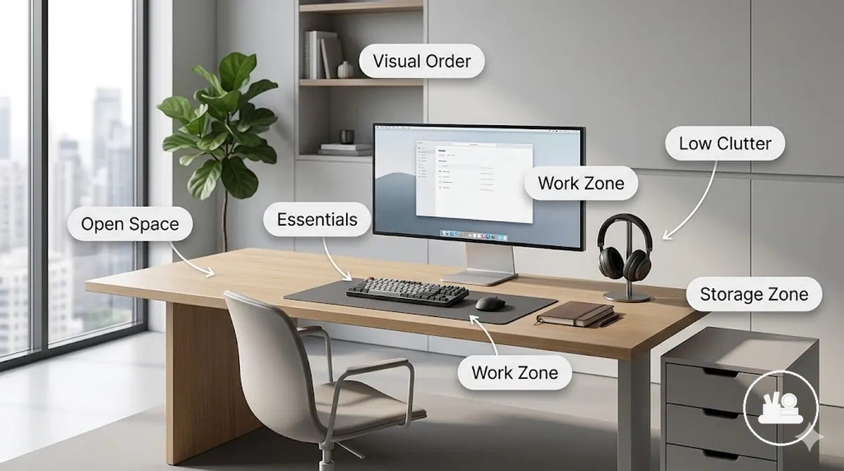 Aménagement de bureau minimaliste avec une organisation claire de l espace de travail et un bruit visuel réduit