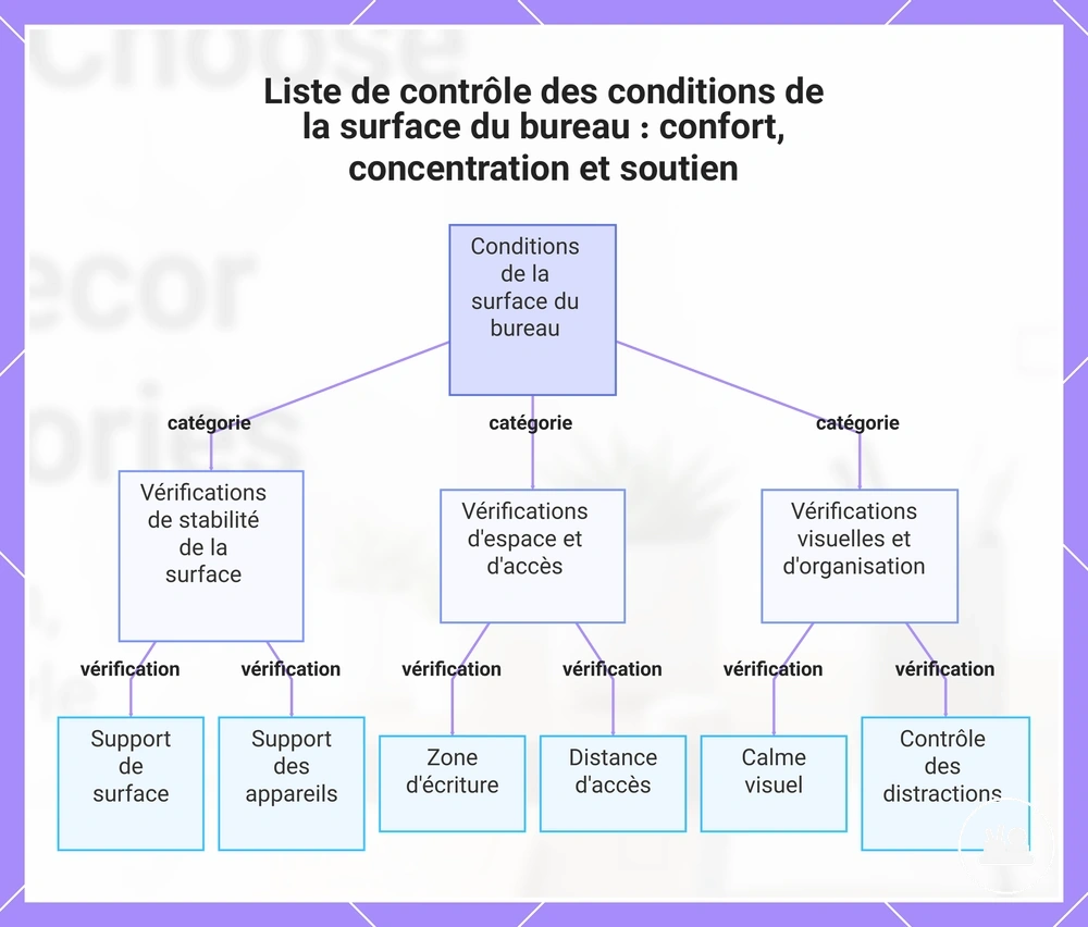 Liste de contrôle des conditions de la surface du bureau : confort, concentration et soutien