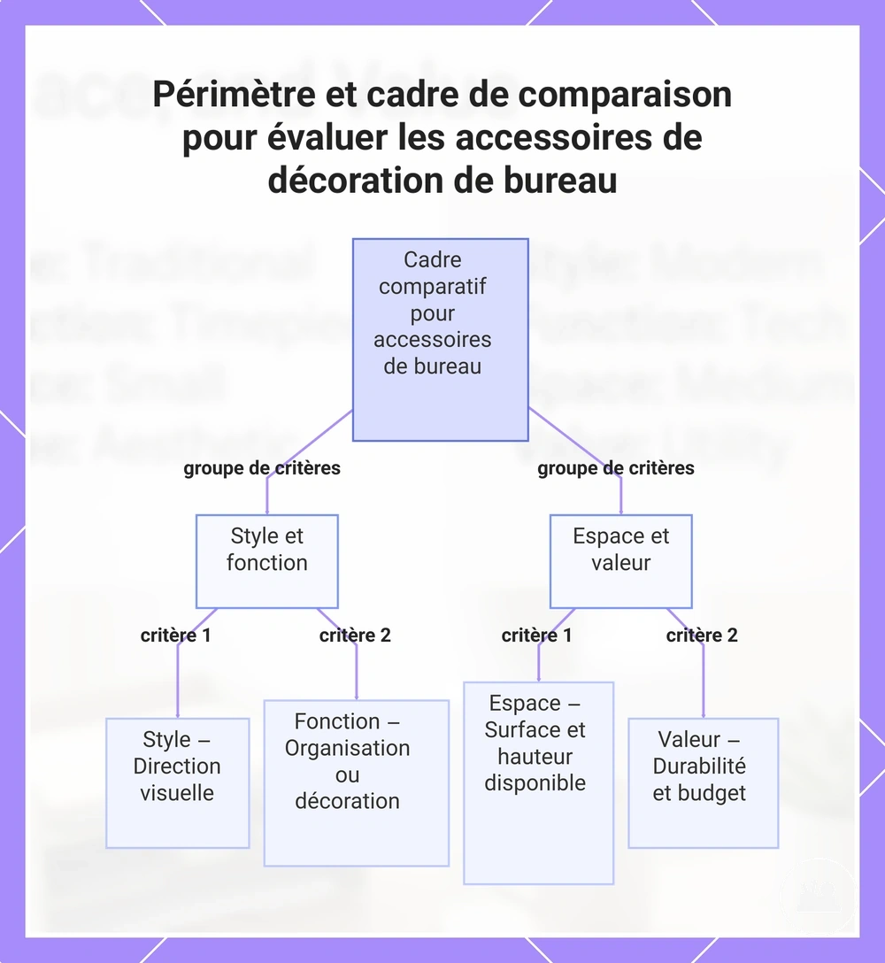 Périmètre et cadre de comparaison pour évaluer les accessoires de décoration de bureau