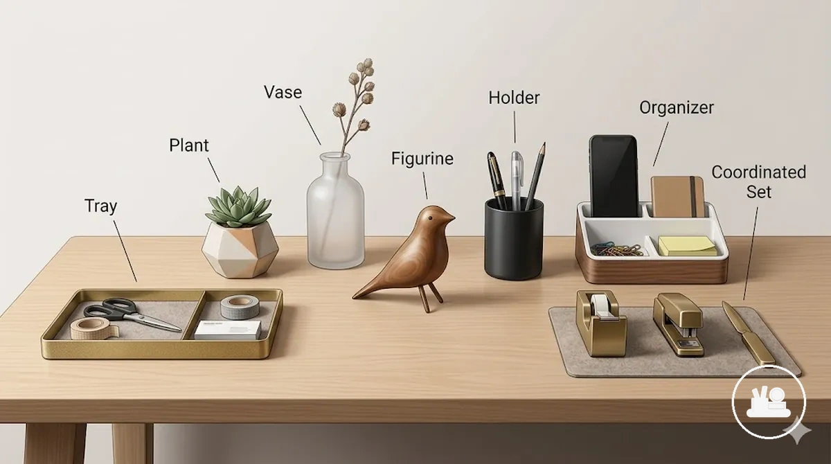 ideias comuns de acessórios decorativos para mesa incluindo bandeja, planta, vaso, figura e organizador