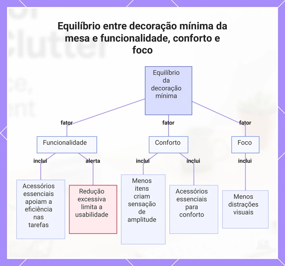 Equilíbrio entre decoração mínima da mesa e funcionalidade, conforto e foco
