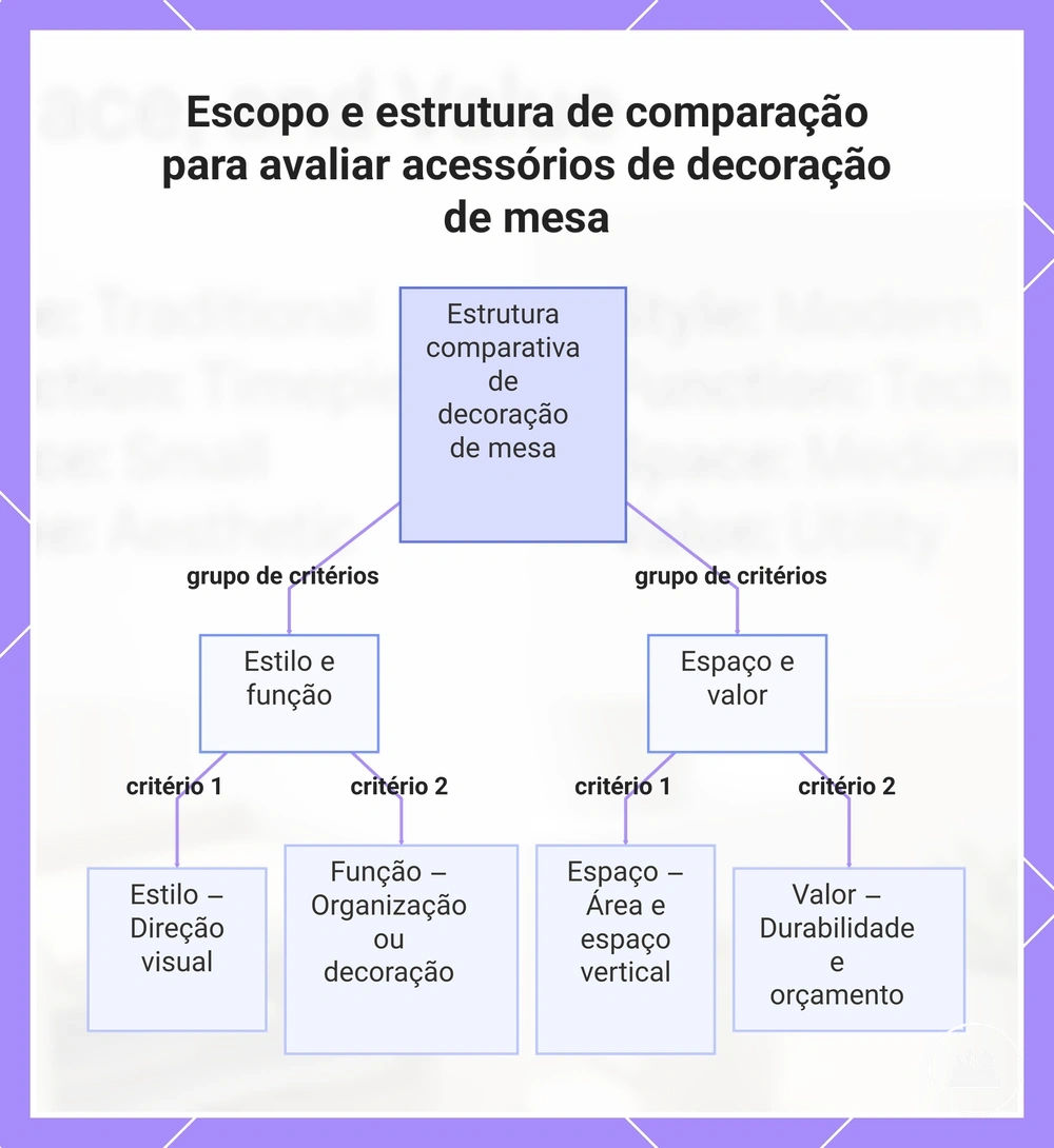 Escopo e estrutura de comparação para avaliar acessórios de decoração de mesa
