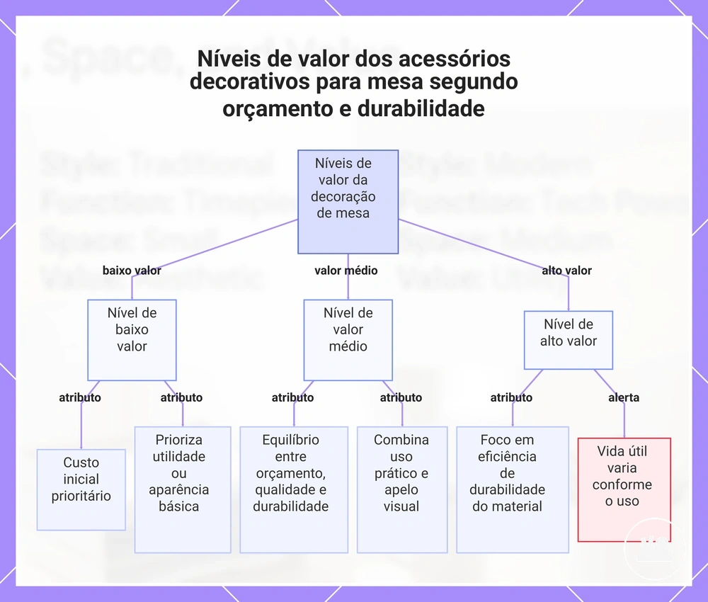 Níveis de valor dos acessórios decorativos para mesa segundo orçamento e durabilidade