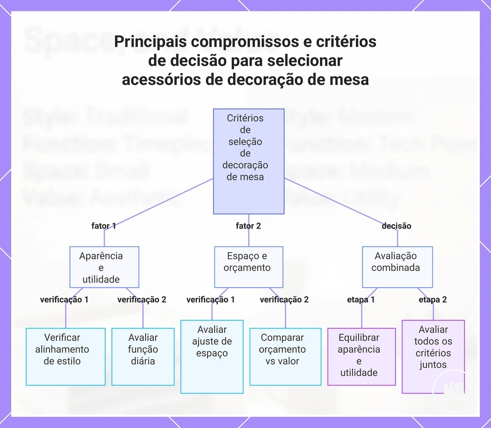 Principais compromissos e critérios de decisão para selecionar acessórios de decoração de mesa