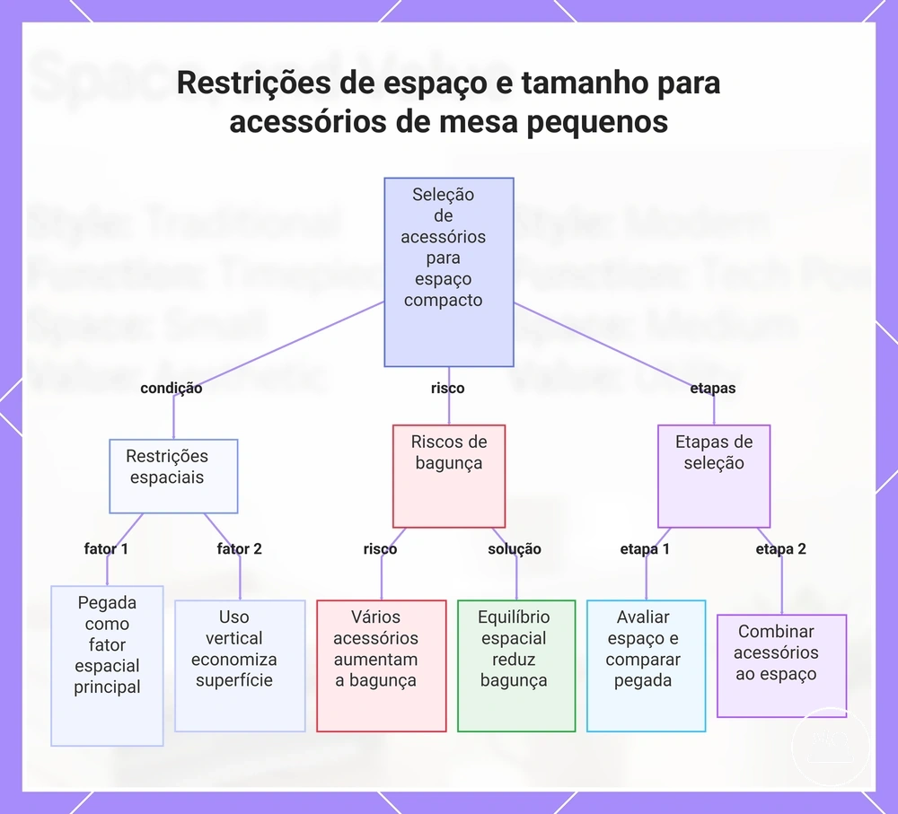 Restrições de espaço e tamanho para acessórios de mesa pequenos