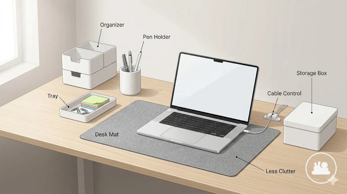 Acessórios de mesa minimalistas organizados para clareza no espaço de trabalho