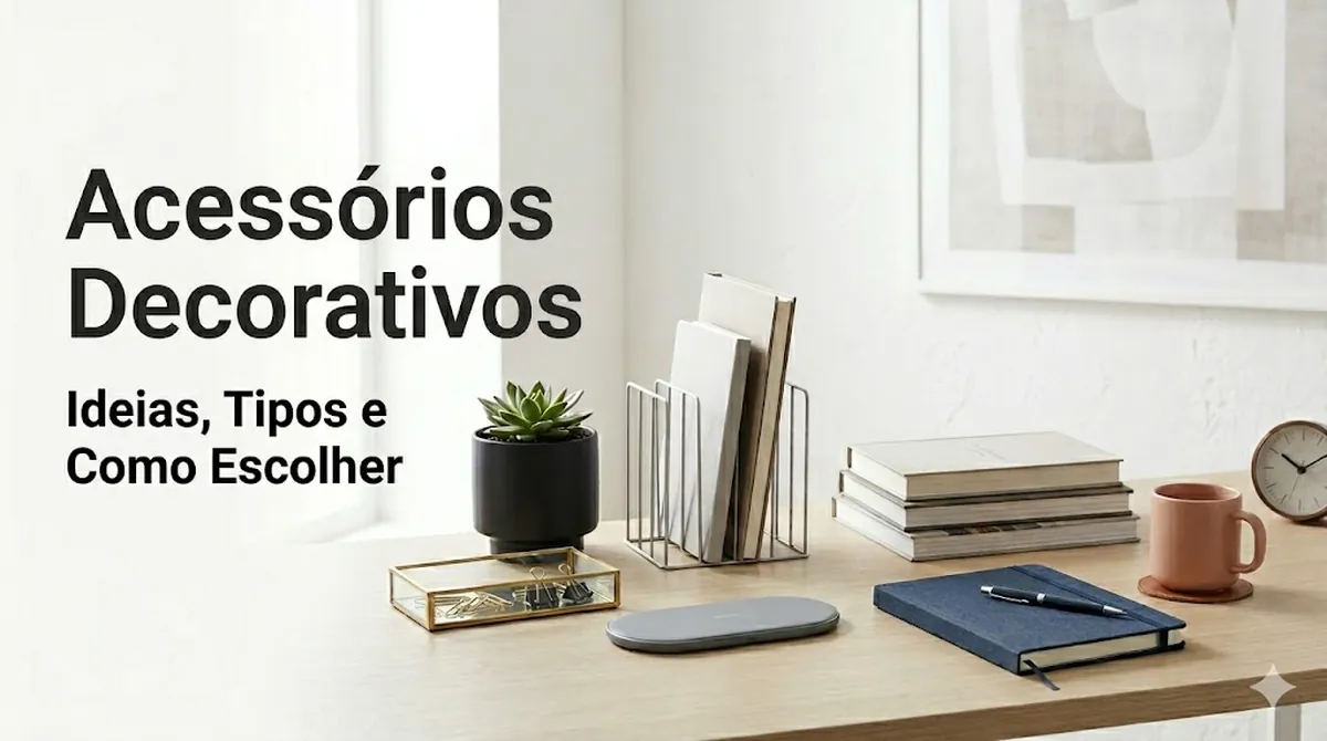 Mesa decorada com diferentes acessórios decorativos organizados de forma limpa