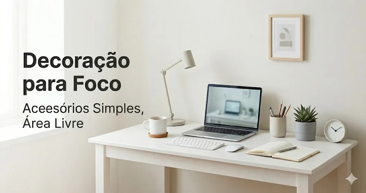 Mesa de trabalho voltada ao foco com acessórios decorativos simples e área livre