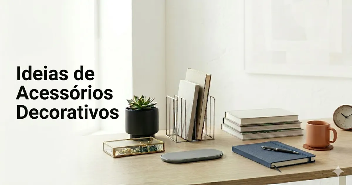 Ideias de acessórios decorativos para mesa exibidas em uma área de trabalho limpa e organizada