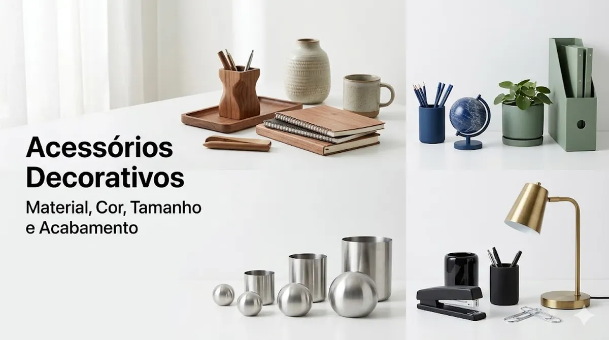 Acessórios decorativos para mesa organizados por material, cor, tamanho e acabamento