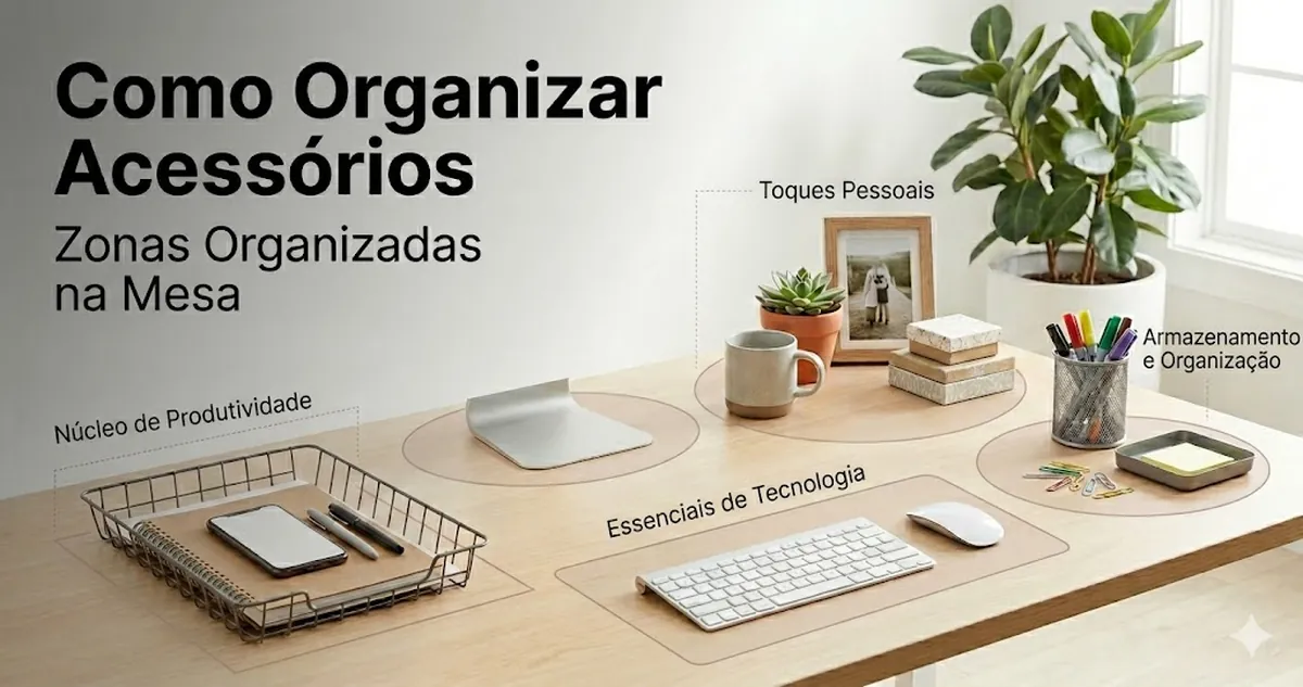 Acessórios decorativos para mesa organizados em zonas sobre a superfície de trabalho
