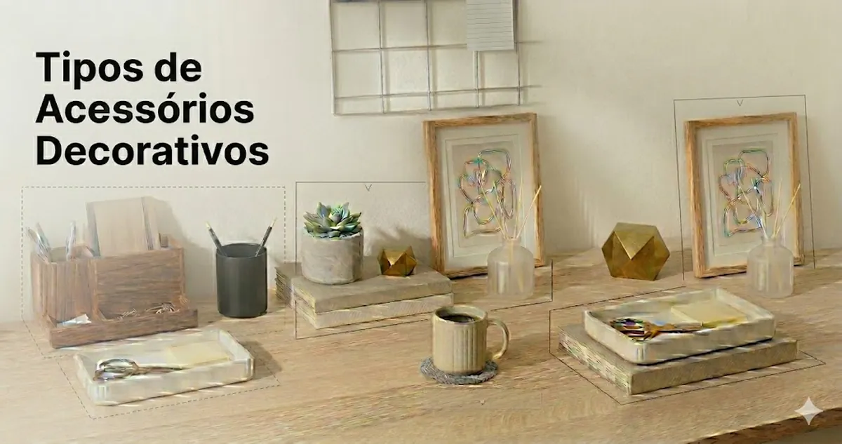 Diferentes tipos de acessórios decorativos para mesa agrupados por função e estilo