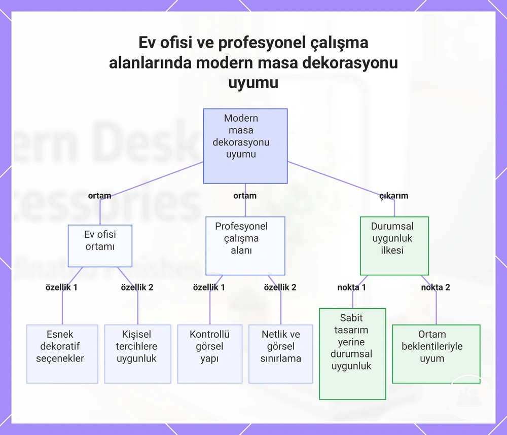 Ev ofisi ve profesyonel çalışma alanlarında modern masa dekorasyonu uyumu