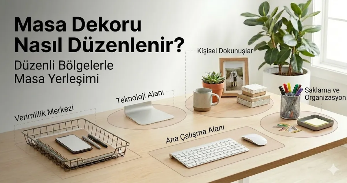 Masa üzerinde düzenli bölgelere ayrılmış masa dekor aksesuarları