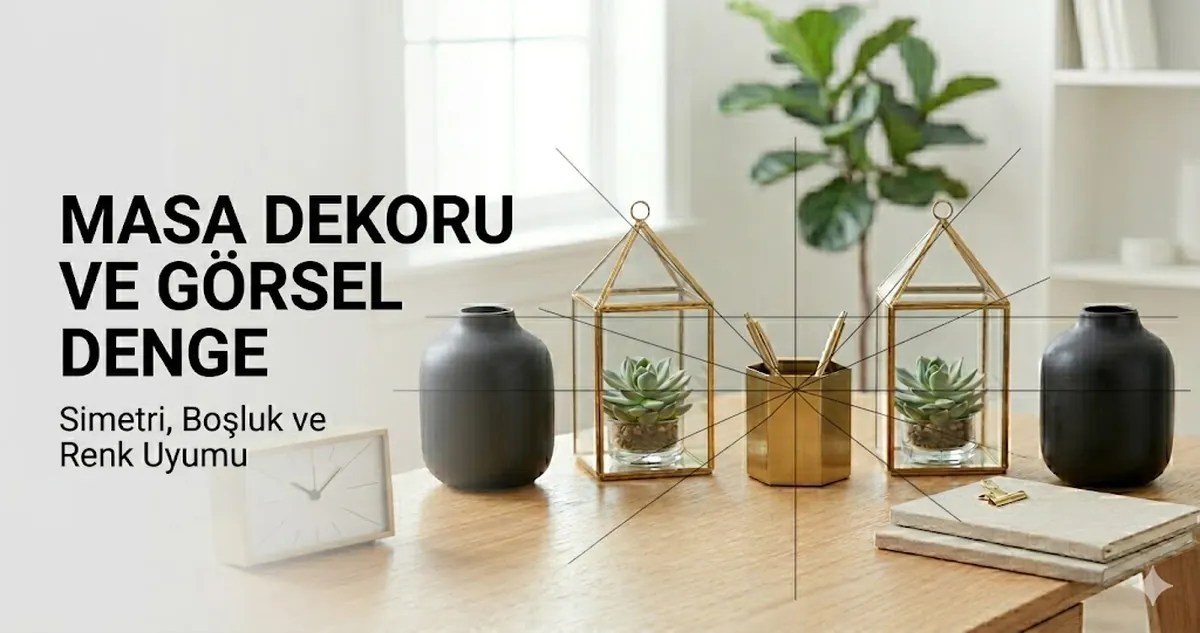 Simetri, boşluk ve renk uyumuyla dengeli yerleştirilmiş masa dekor aksesuarları