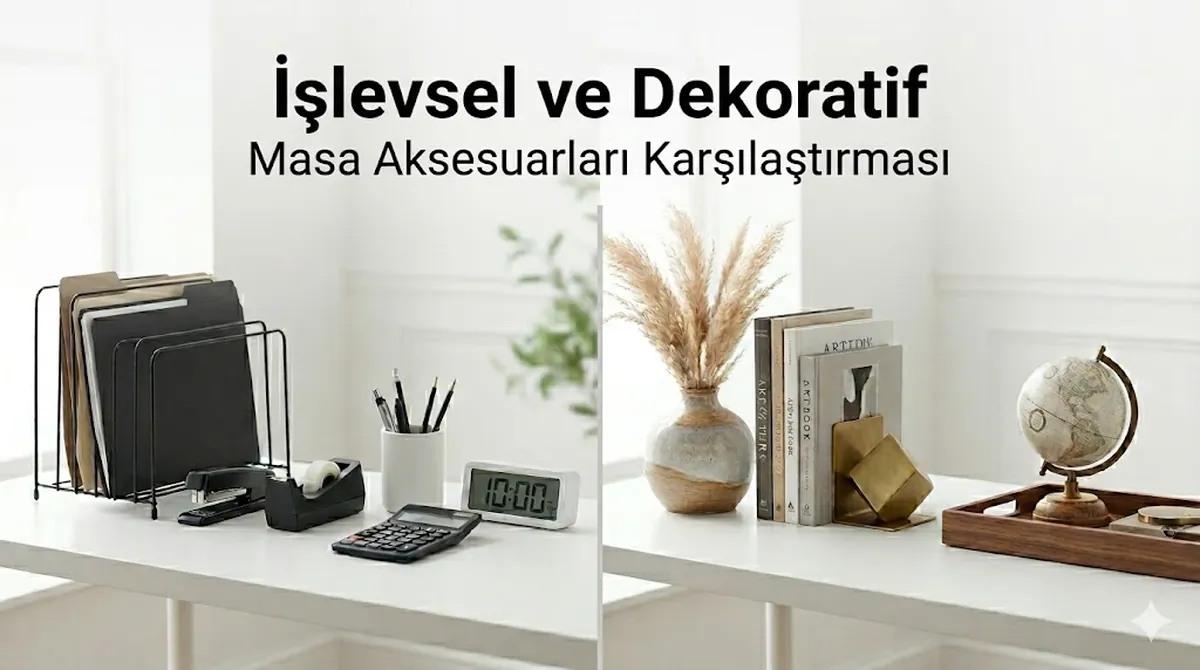 Bir masa üzerinde yan yana karşılaştırılan işlevsel ve dekoratif masa aksesuarları