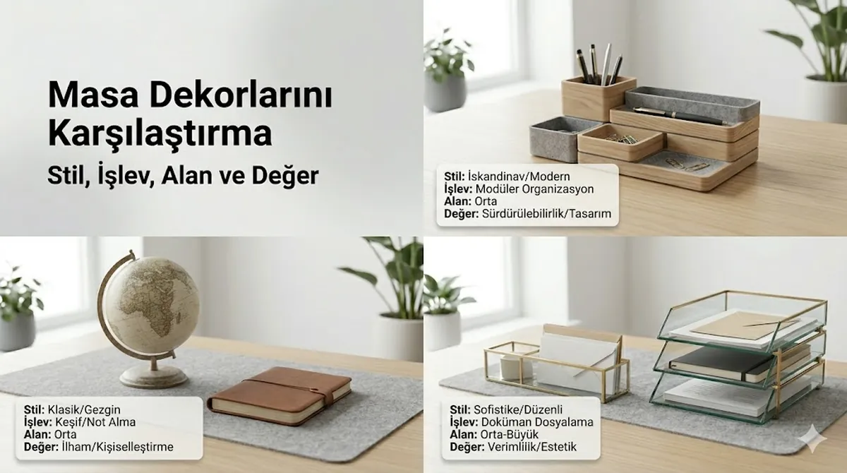 Stil, işlev, alan ihtiyacı ve değere göre karşılaştırılan masa dekor aksesuarları