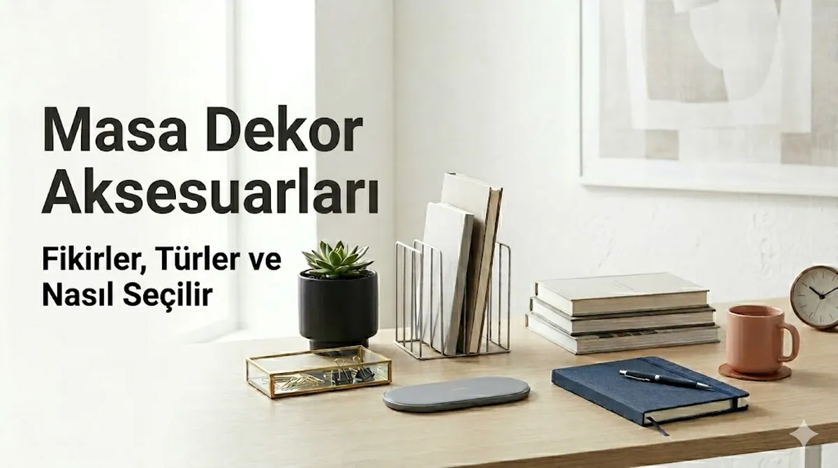 Farklı masa dekor aksesuarlarının düzenli yerleştirildiği şık bir çalışma masası