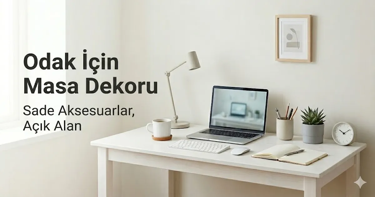 Sade masa dekor aksesuarları ve açık çalışma alanı bulunan odaklanmaya uygun masa